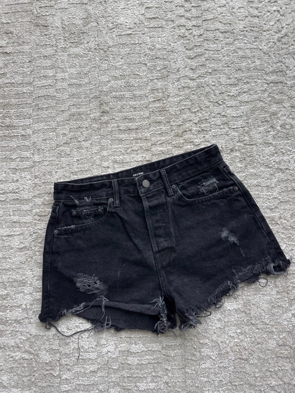 GRLFRND High-Rise Black Distressed Denim Shorts